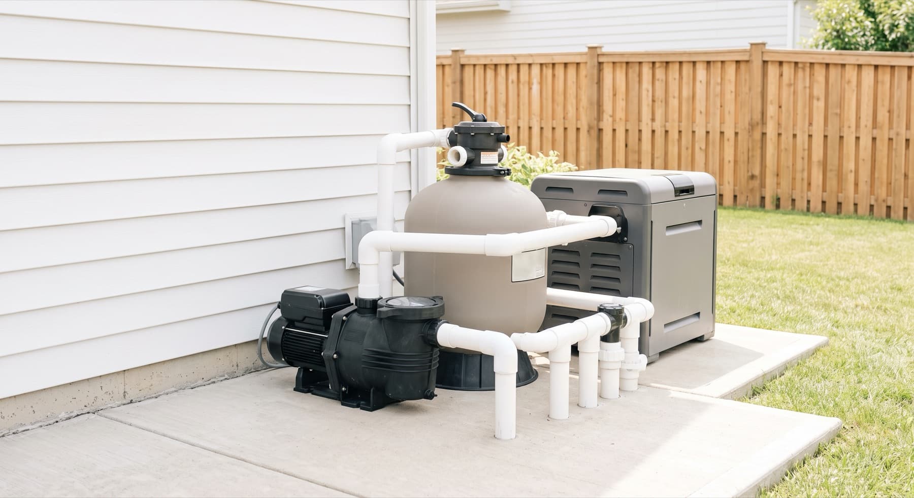 Residential pool equipment pad with pump, filter, and heater in Cincinnati