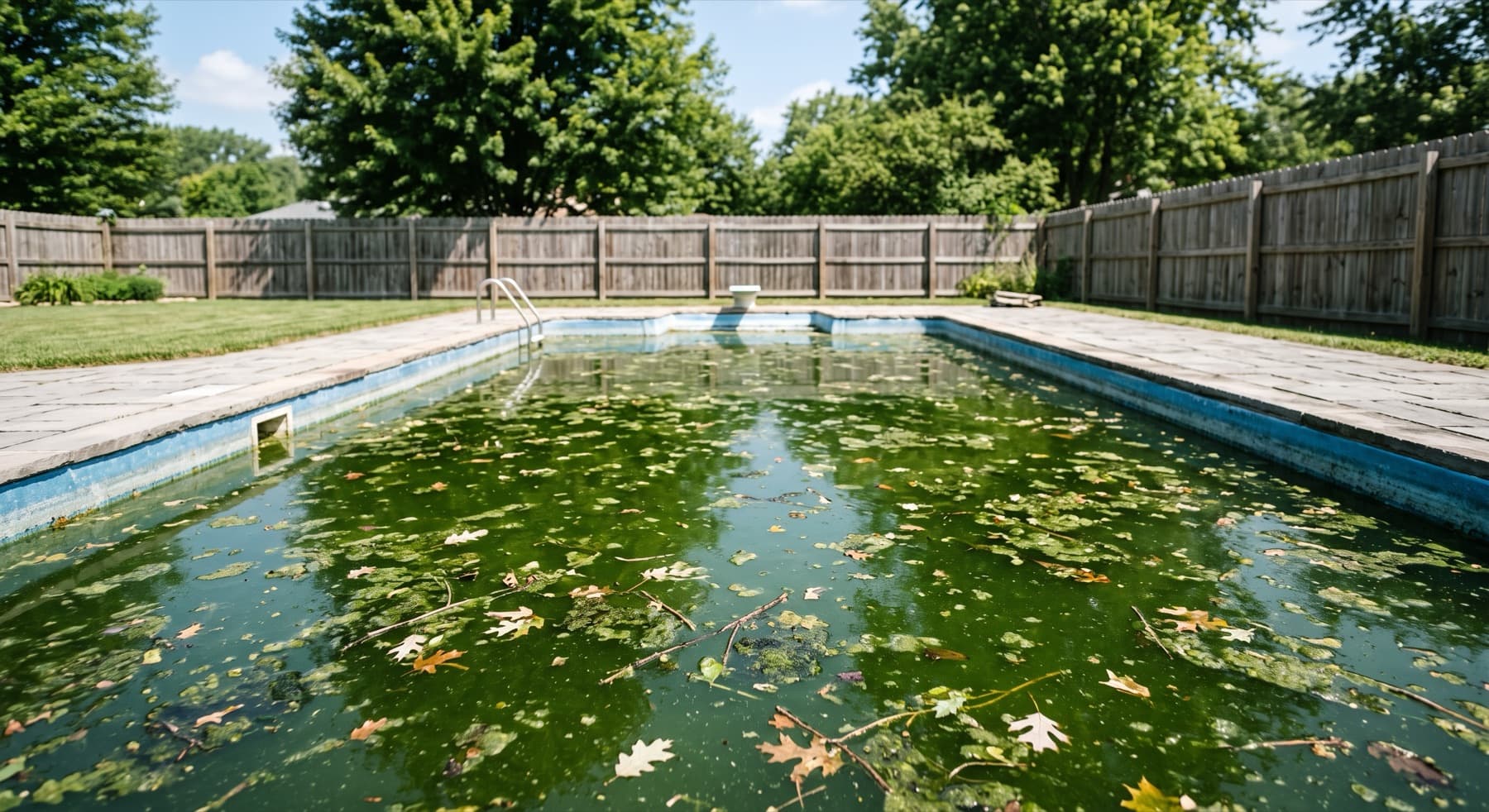 Green algae-filled pool before professional cleanup in Cincinnati