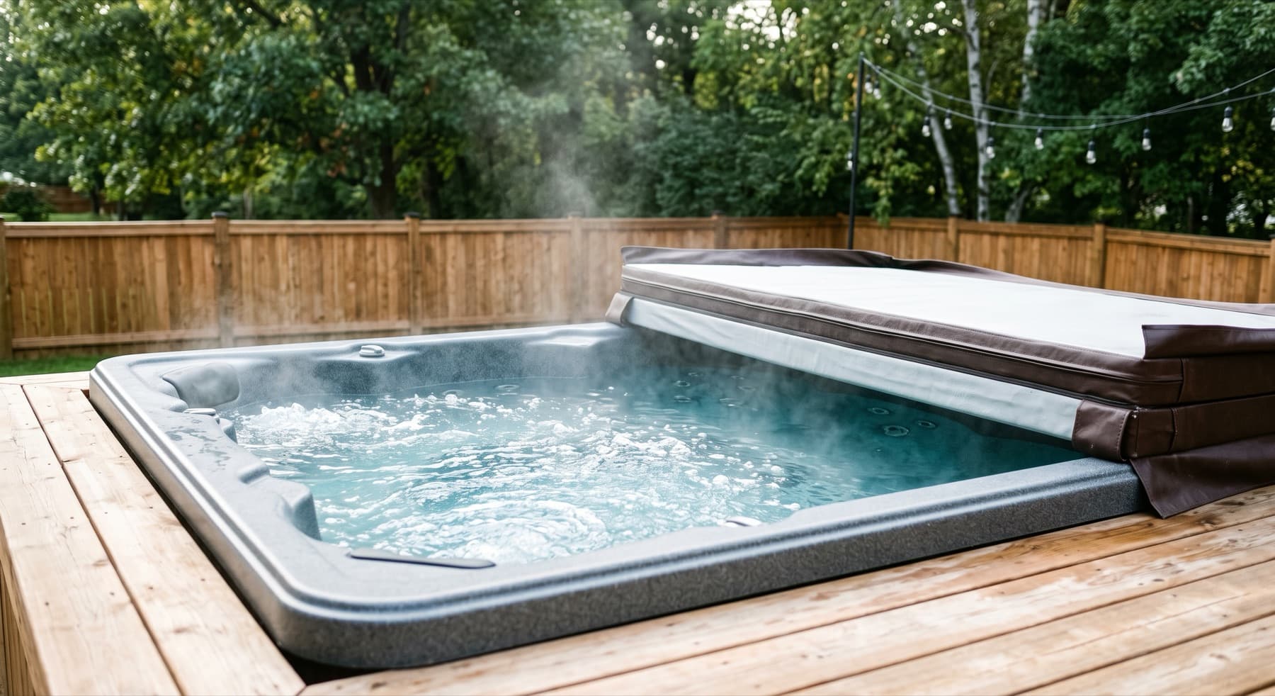 Steaming hot tub with clear water on a backyard deck in Cincinnati